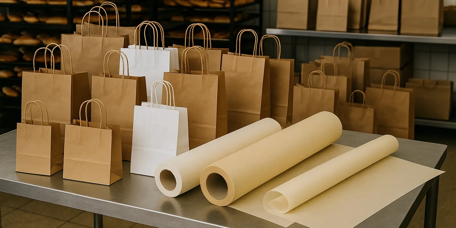 Brown and white kraft paper bags with butter paper rolls